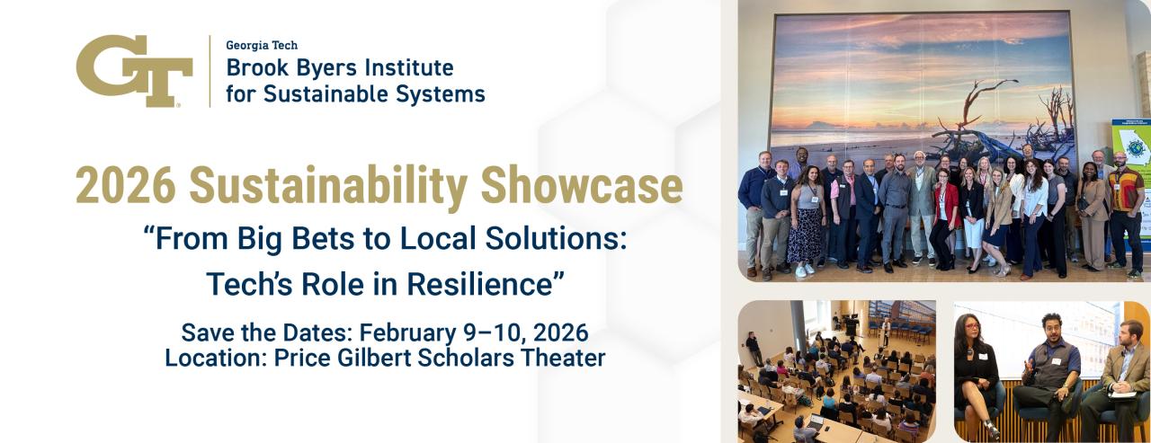Graphic banner which gives the details for the 2026 Sustainability Showcase next to a montage of three images from similar events.
