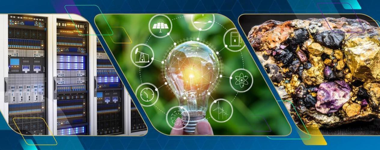 Georgia Tech Energy Day 2026 Header Image with three boxes showing an image of a datacenter, an electric bulb with energy sources around it and a multi-colored critical mineral 