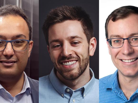 Three men's individual portrait-style photos are arranged side by side, each showing a person from the shoulders up. The individuals wear collared shirts and appear in different lighting settings, including a dark background, a neutral studio backdrop, and a bright white background.