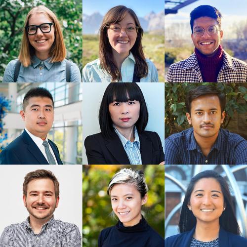Collage of nine headshot portraits arranged in a three-by-three grid. The portraits show individuals photographed from the shoulders up in a variety of indoor and outdoor settings, including office spaces, landscaped outdoor areas, and neutral backgrounds, with professional or business-casual attire. The images are evenly spaced and presented in a consistent square format with varied background colors and lighting conditions.