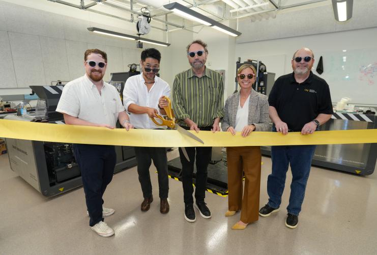 Pictured left-to-right: Tim Trent, director of IPaT's Trash Lab; Arthur Huang, CEO of Miniwiz; Michael Best, executive director of IPaT; Jennifer Chirico, associate vice president of Sustainability; and Rob Kadel, executive director of research program administration.